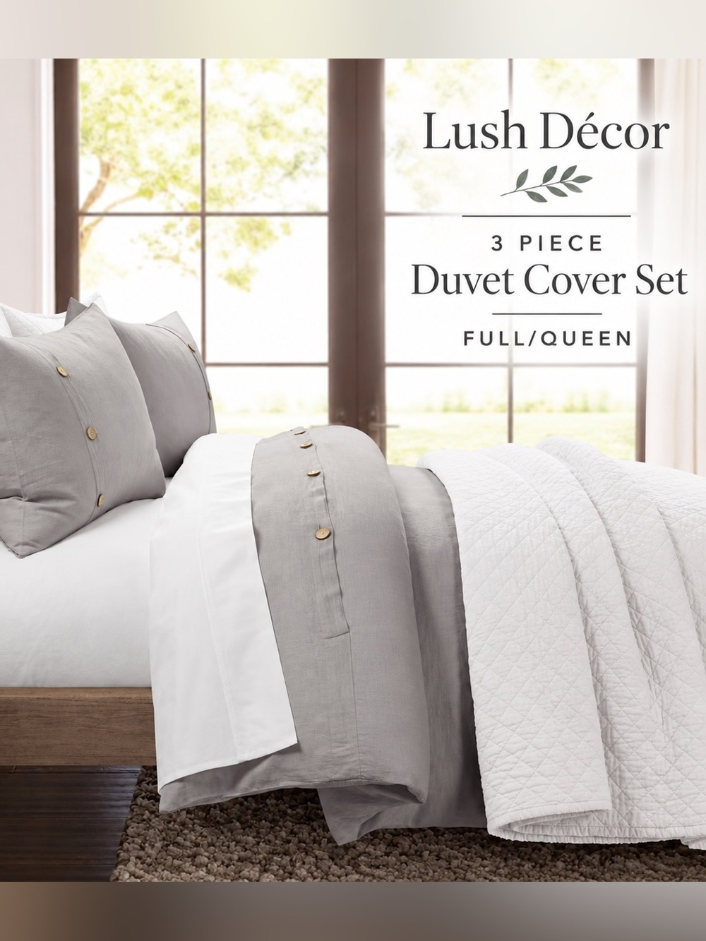 Lush Décor Belgian Flax Linen Cotton Blend Duvet Cover Set Gray Full/Queen 3PC